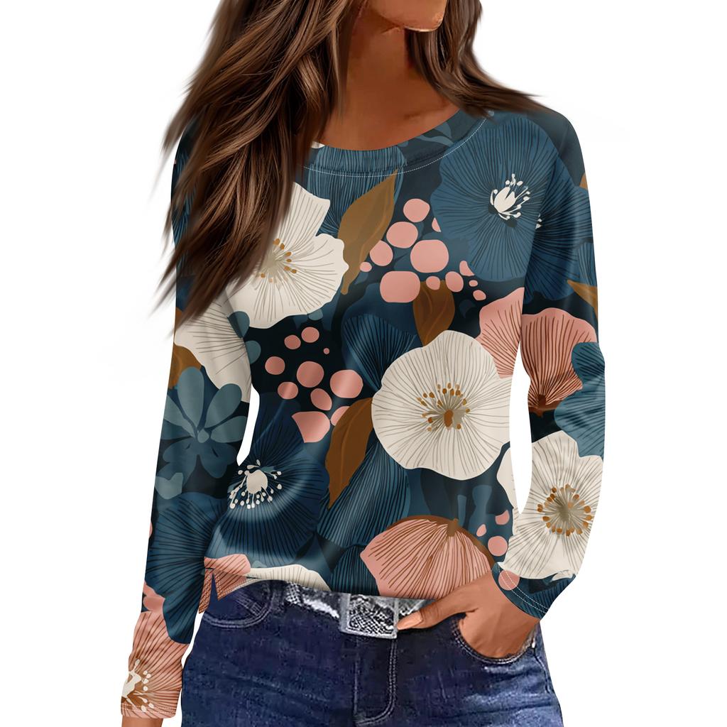 Women's Fashion Hem Slit Casual Retro Floral Print Round Neck Long Sleeve Top