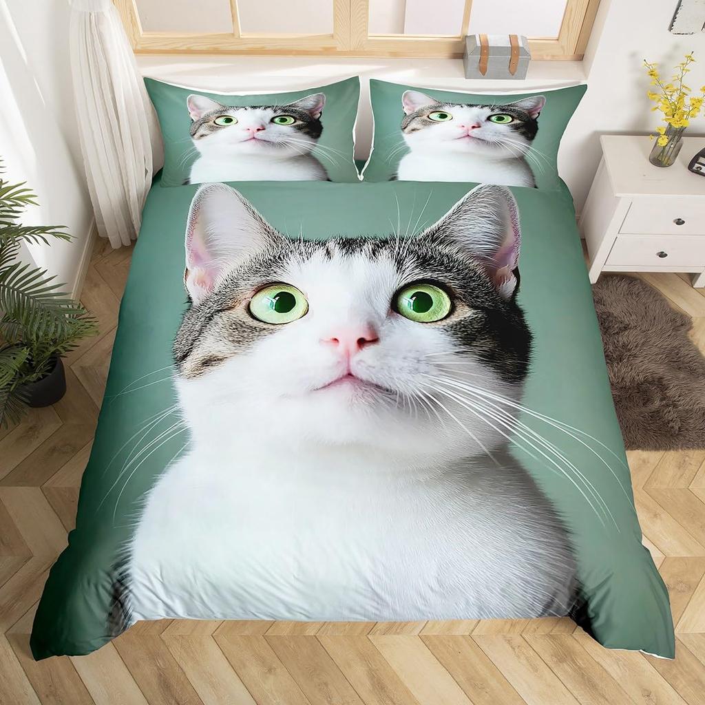 Kawaii Cat Duvet Cover Pink Bowknot Kitten Bedding Set Sweet Pet Animal Comforter Cover Princess Bow Girly Polyester Quilt Cover