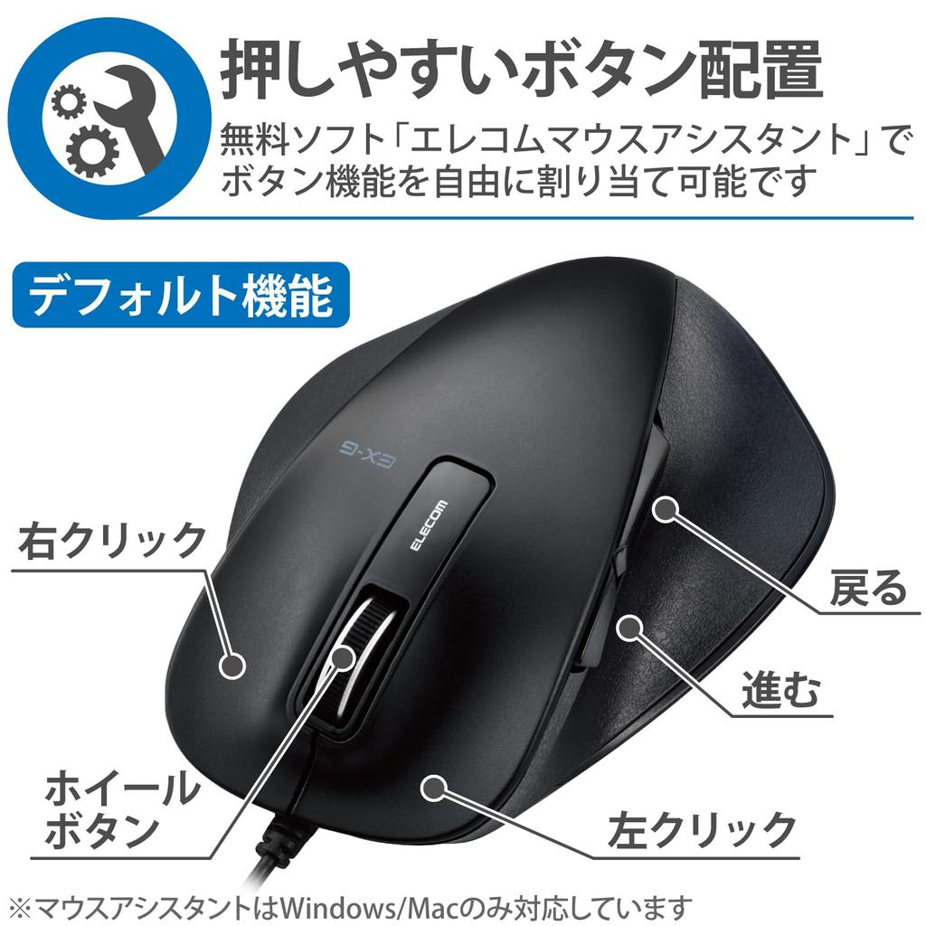 ELECOM Mouse Wired M Size 5 Buttons with Back and Forward BlueLED Master of Grip Black (Equipped Buttons) M-XGM10UBBK