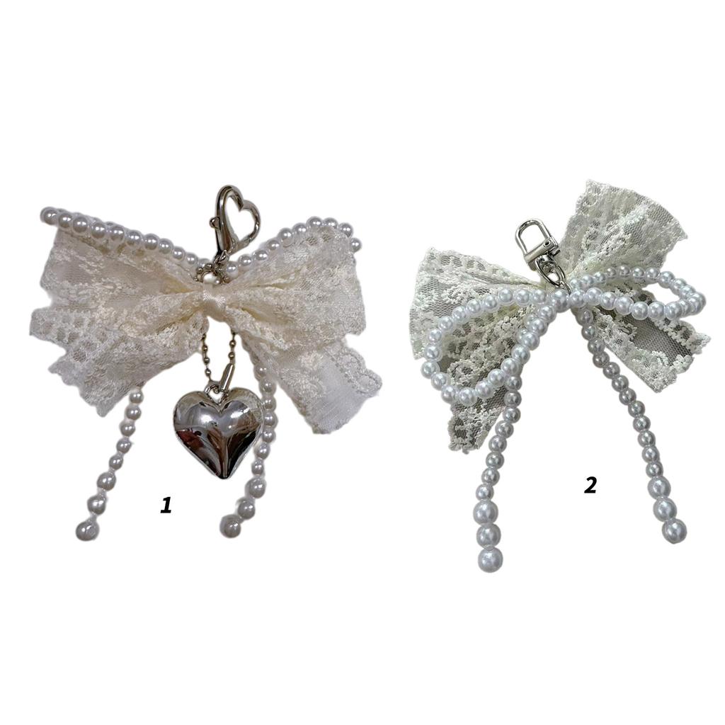 Elegant Pearls Beaded Bowknot Keychain Lovely Beaded Bowknot Keyring Accessory Pearls Bowknot Phone Lanyard Adornment