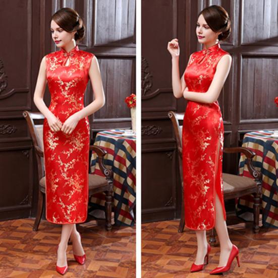 Women Summer Cheongsam Stand Collar Floral Print Hollow Out Split Hem Sleeveless Qipao Slim Fit Retro Chinese Style