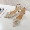 Spring Fashion Ladies High Heels Pointed Lace Rhinestone Pearl Bow High Heel Sandals Women Party Wedding Shoes