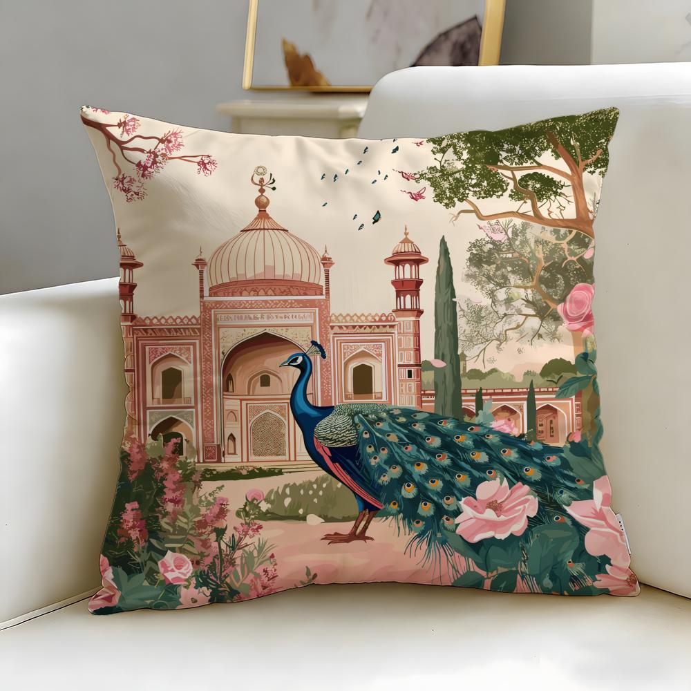 Classic Mughal Garden With Peacock Cushion Cover Soft & Easy-Wash Pillow Case – Versatile For Couch, Bed, Travel And Office