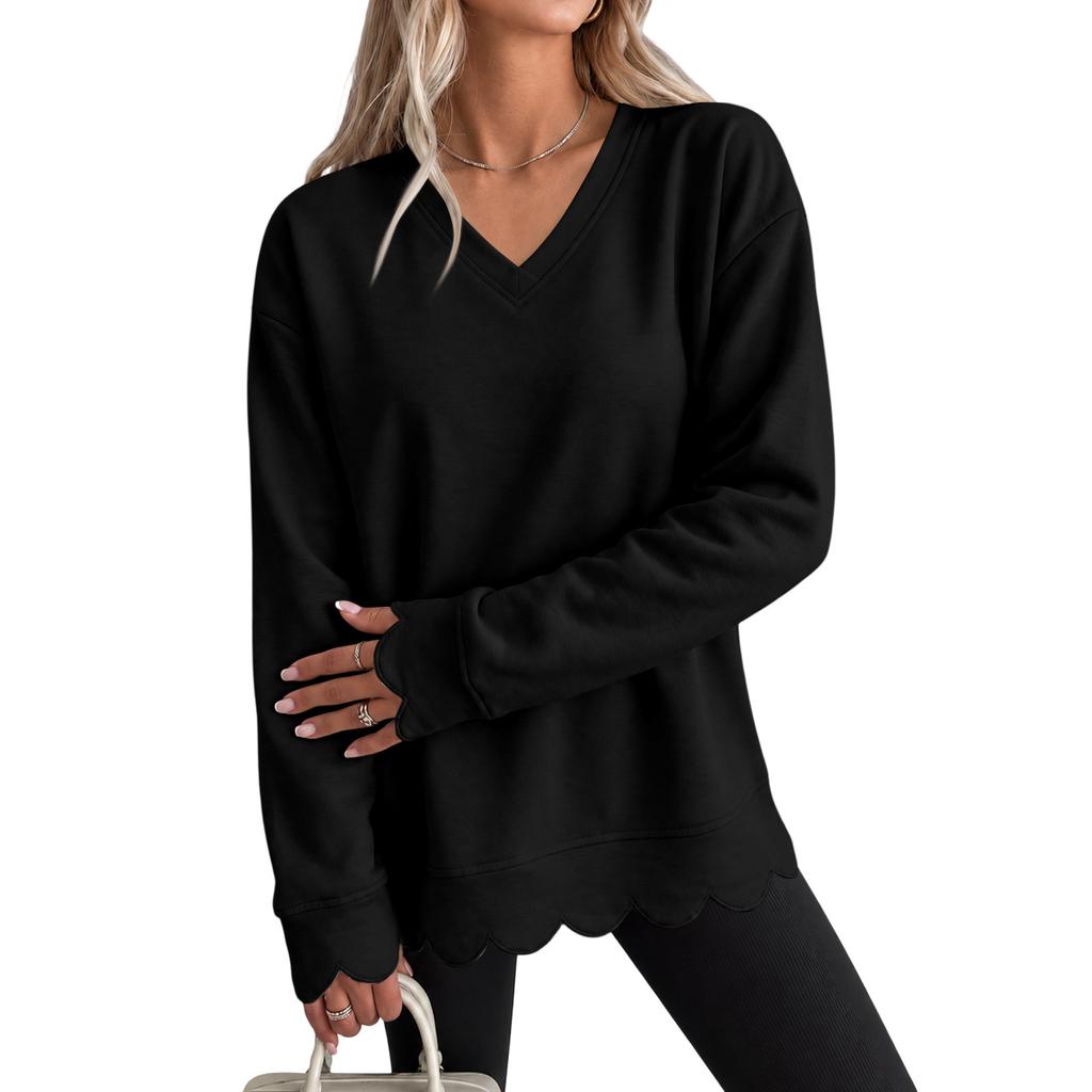 Women's Scalloped Wavy Hem Crewneck Sweatshirt, Loose Fit Color Drop Shoulder Long Sleeve Pullover Top for Casual Wear