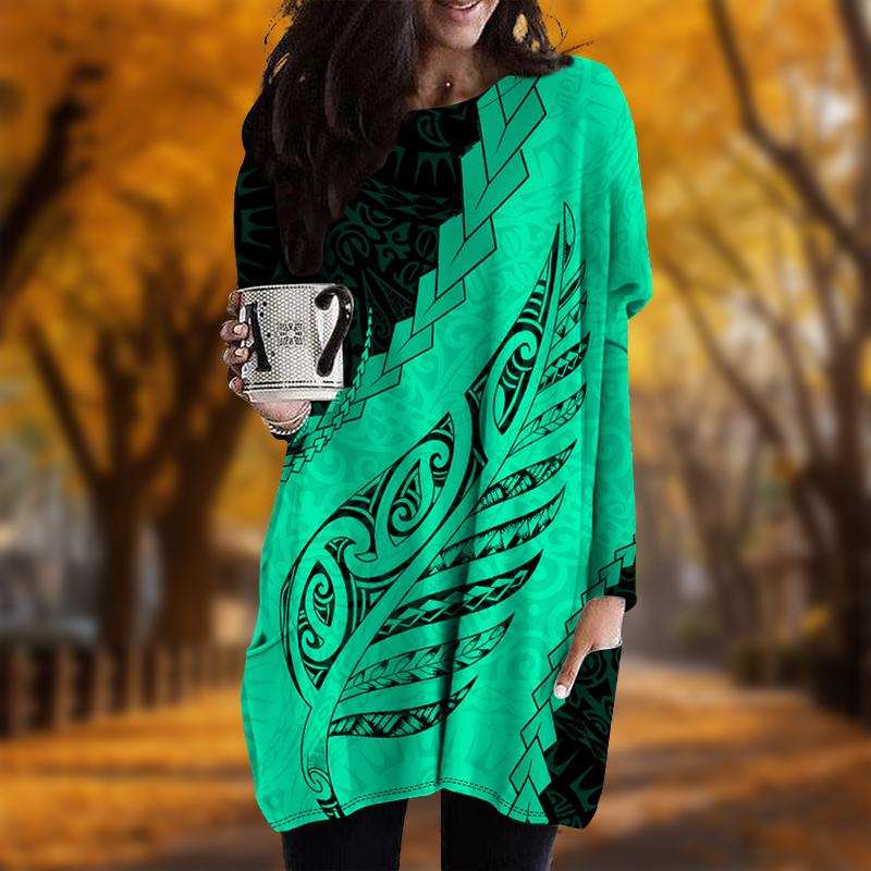 New In Autumn Totem Leaf Print Plus Size Dress Women O'neck Long Sleeves Casual Pocket Dresses