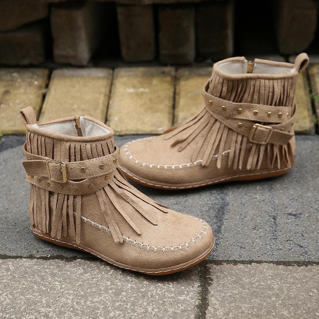 2024 Autumn/Winter Flat Fringe Ankle Boots with Buckle - European & American Style Retro Martin Knight Boots