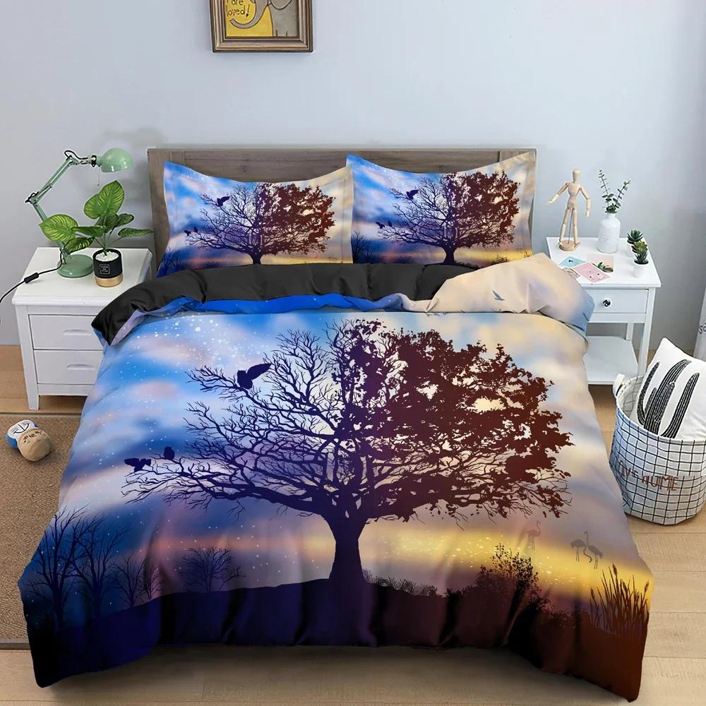3D Landscape Tree Silhouette Against Sunset Sky Bedding Set Single Twin Double Queen King Cal King Size Bed Linen Set