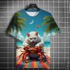 Men's T-shirt 3D Printed Beach Catching Fish Kitten Printed Short Sleeve T-shirt Daily Casual Round Neck T-shirt Polyester