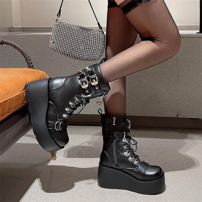 Punk Boots Women Matte Leather Platform Chunky Sneakers Autumn 9CM Wedge Heels Mid-Calf Boot Woman Winter Metal Motorcycle Boots