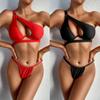 Women's Solid Color Sexy One-Shoulder Strap Hollow Split Swimsuit Bikini Set