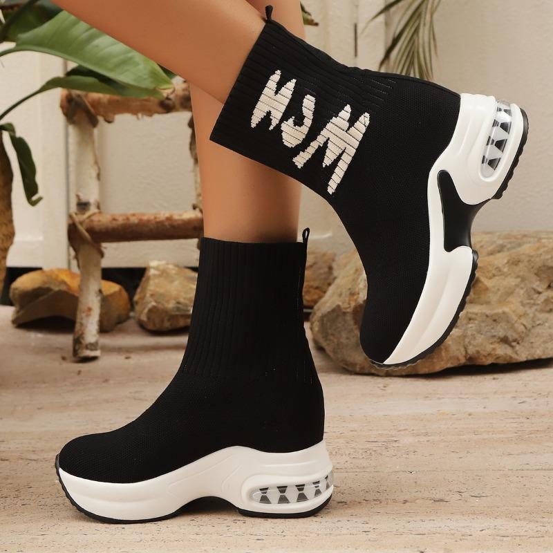 Модные женские вязаные сапоги на толстой подошве, слипоны, дышащие женские сапоги - модные, повседневные и гладкие