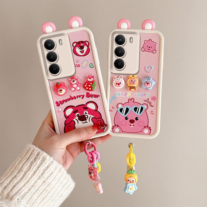 KEYSION Cute Ear 3D Cartoon Case for Realme C71 with Bracelet Soft Silicone Shockproof Phone Back Cover for OPPO Realme C71