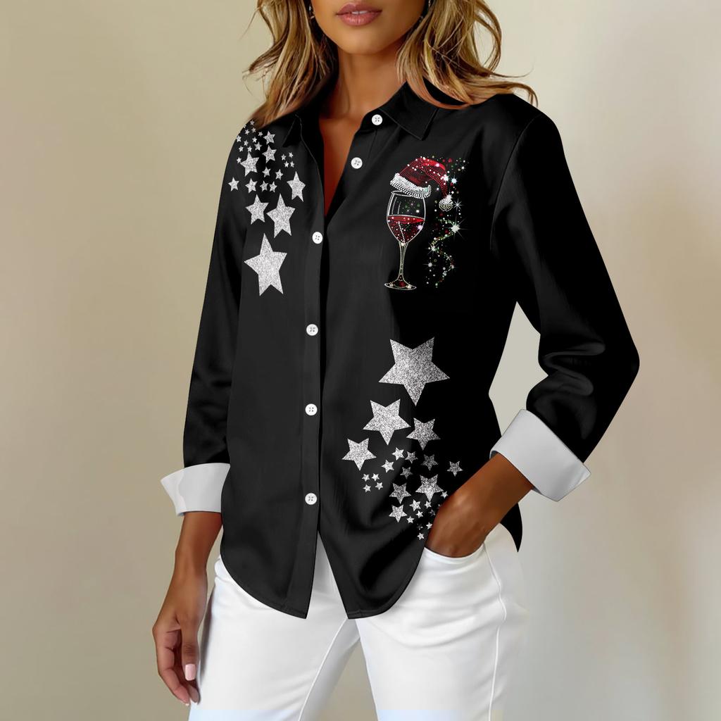 Женская рубашка-блузка с принтом и пуговицами, длинный рукав, повседневный базовый рубашечный воротник, обычный топ