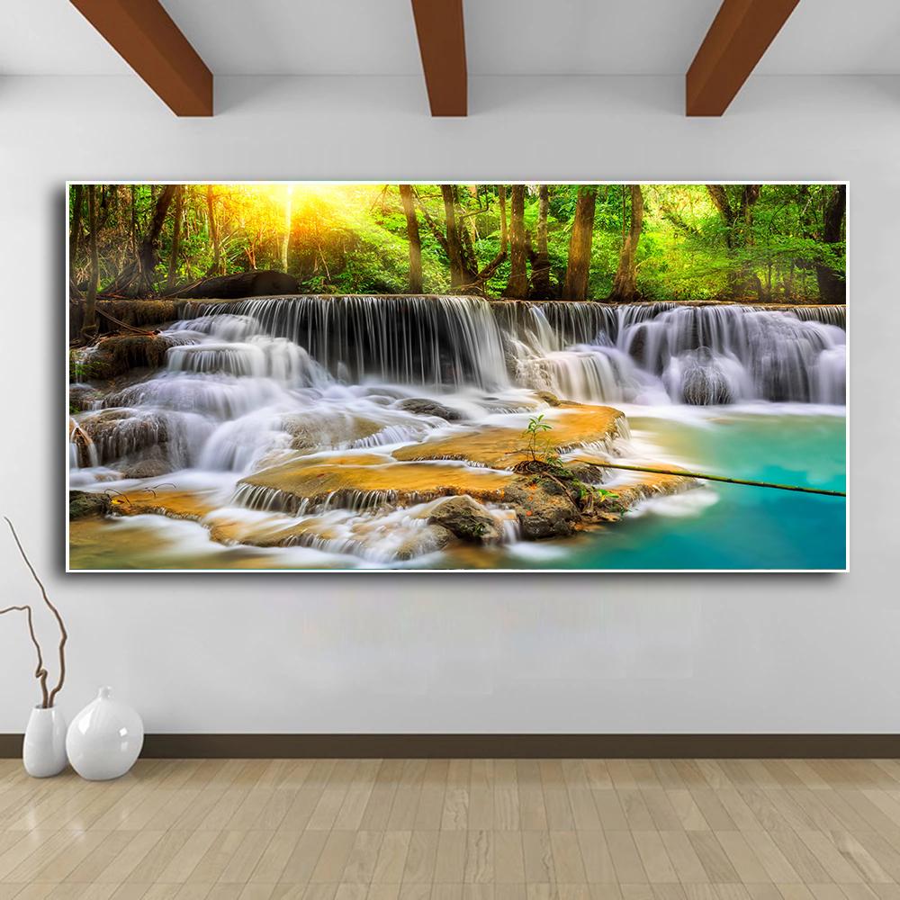 Природный пейзаж, водопад, настенные картины, холст, живопись, настенное искусство, зеленое, красное дерево, лес, постеры, принты для декора гостиной