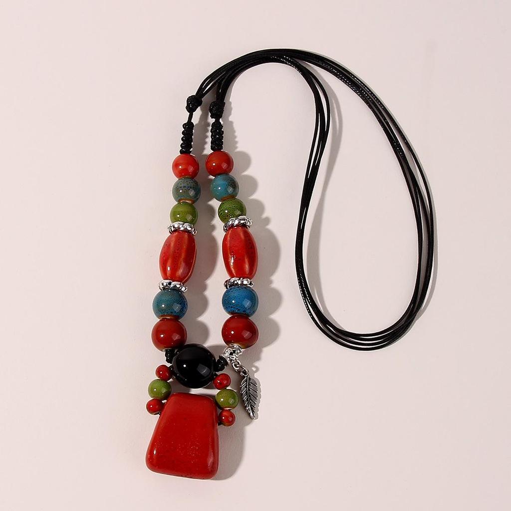 Ethnic Style Long Handmade Beaded Necklace Sweater Tourism Jewelry Necklace Colorful Ceramic Jewelry Stone Necklace