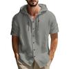 Men's Solid Color Casual Short Sleeved Shirt With Hood And Drawstring Cotton And Linen Cardigan
