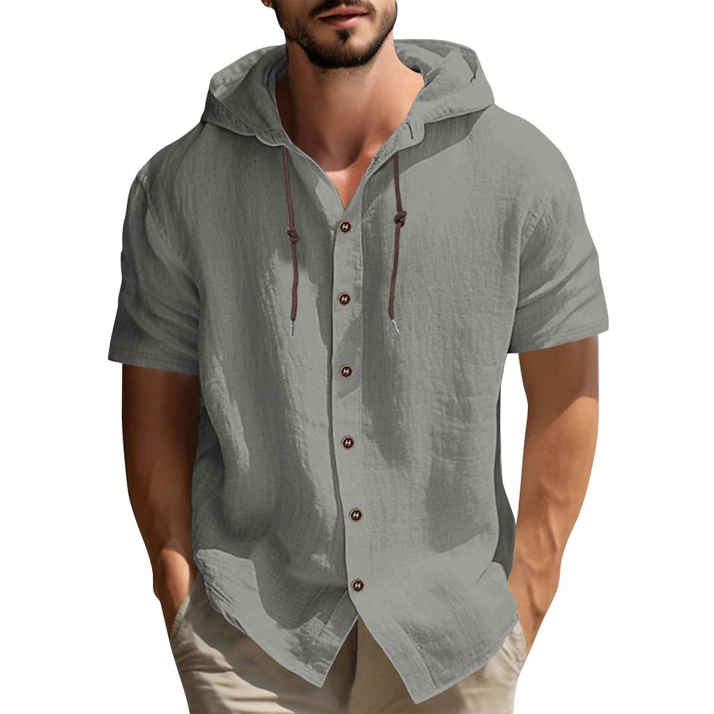Men's Solid Color Casual Short Sleeved Shirt With Hood And Drawstring Cotton And Linen Cardigan