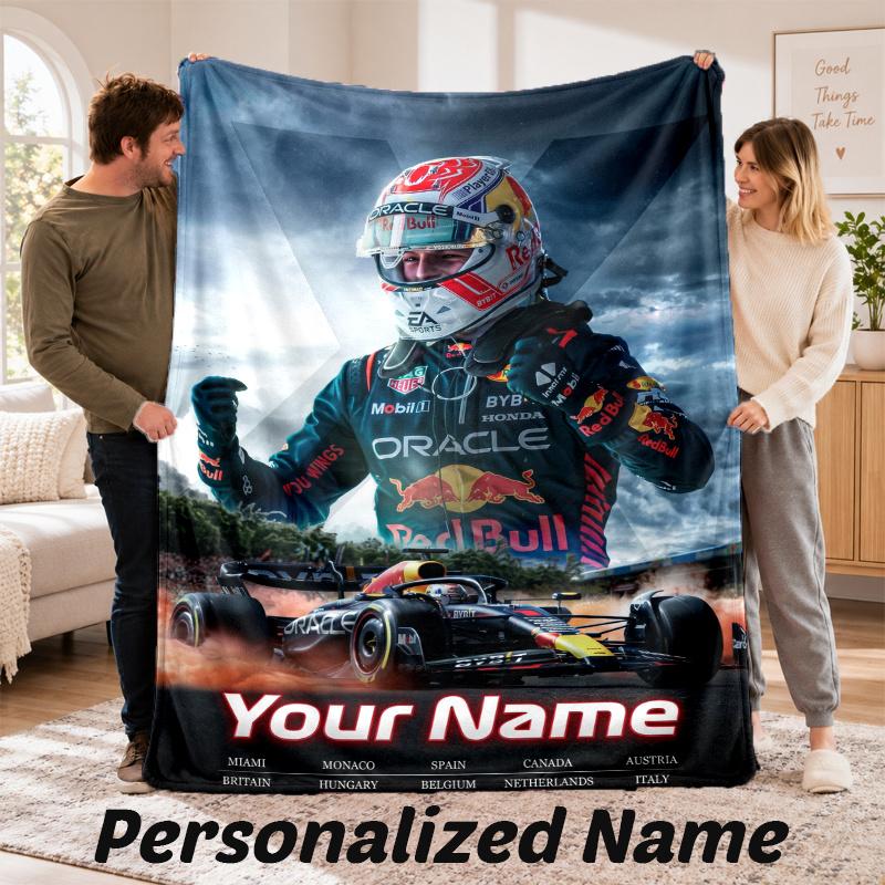 Custom Name Max Verstappen Flannel Throw Blanket Personalized Text Soft Blanket Bed Sofa Gift