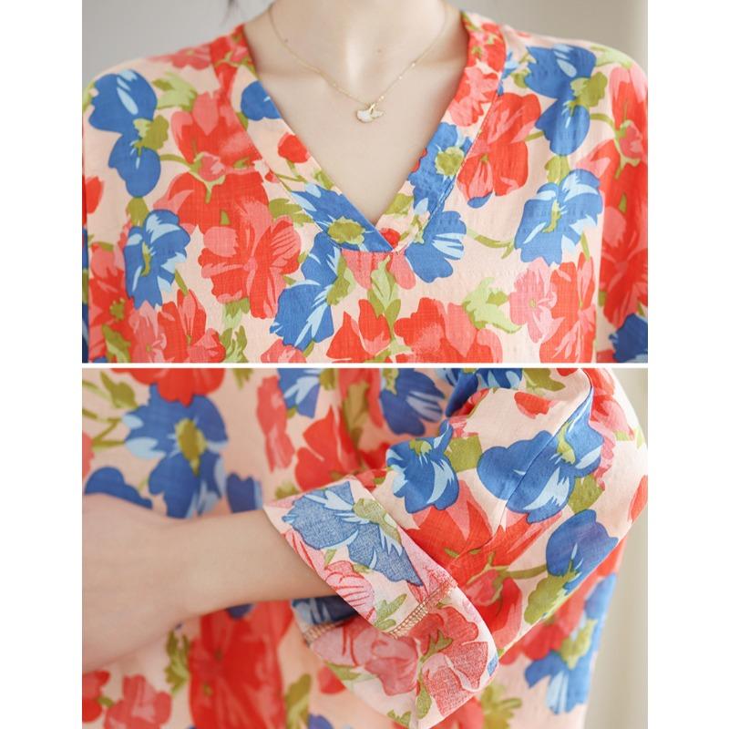 Dimanaf 2025 Women Spring Loose Dress Plus Size Basic Beach Printing Floral Casual Long Vintage Linen Dress