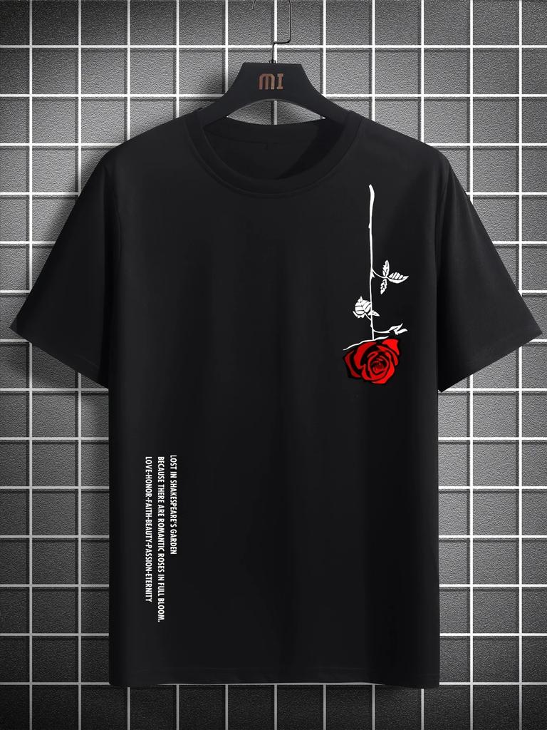 Men's Summer Loose Size 100% Cotton Rose Print Casual Slim Round Neck Fashion Short Sleeve T-shirt Top