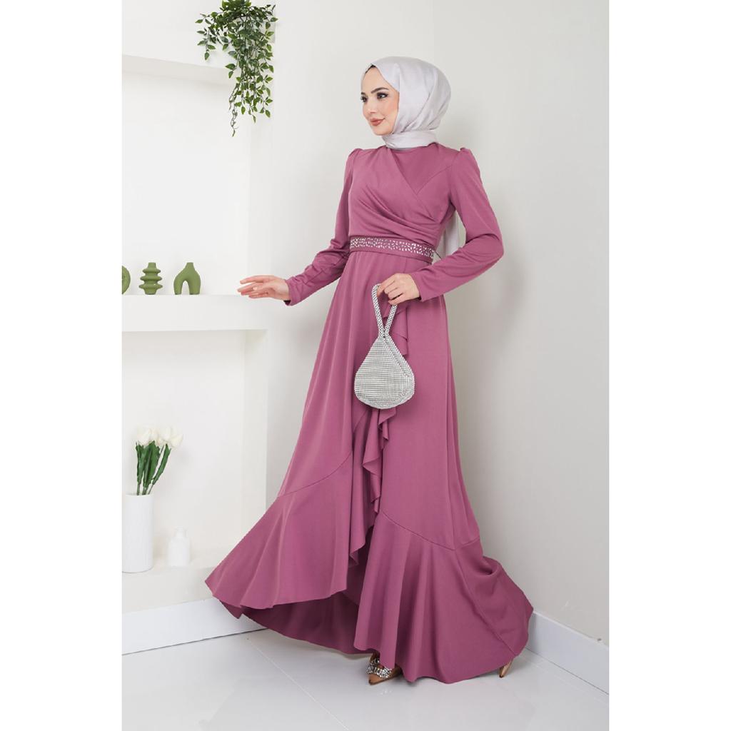 Women's Clothing Evening Dress Fashion Skirt Flounced Belt Stoned Hijab Evening Dress 2497 Black