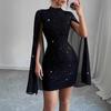 Women's Cape Sleeve Dress Mock Neck Bodycon Mini Dress Sexy Shiny Chiffon Cloak Sleeve Cocktail Dress for Wedding Evening Party