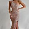 Women's Summer Split Long One Shoulder Sequined Dress