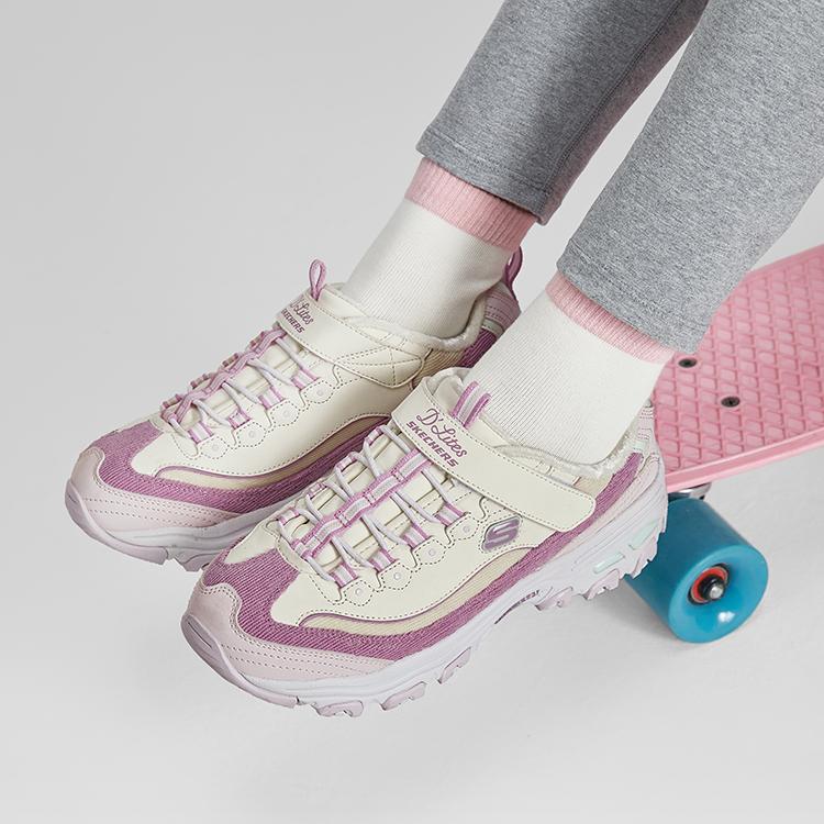 Skechers Модные Универсальные Удобные Круглый Носок Липучка Плюшевые Папины Кроссовки Детские Кроссовки Белый Лавандовый 302524L-WLV