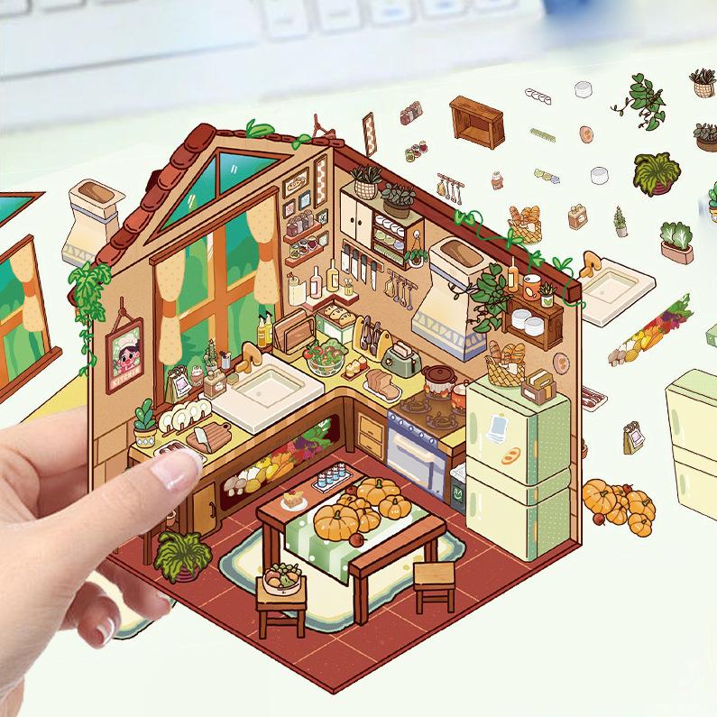 Cartoon Landscape Stickers Multiple Miniature World 3D Hut Unzip DIY Scene Manual Post