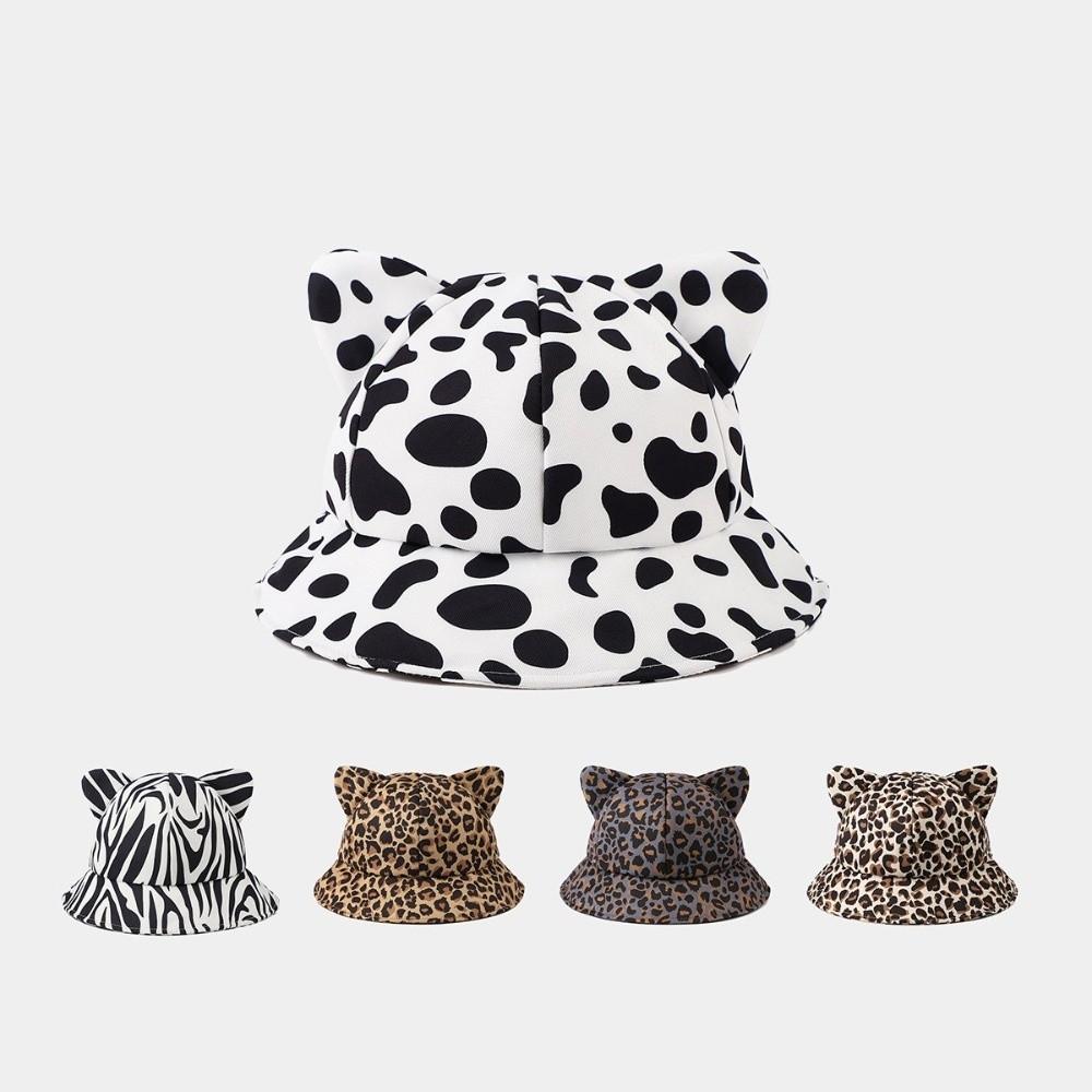 Cow/ Leopard Print Bucket Hat Cat's Ears Basin Hats New Panama Fishing Cap Unisex
