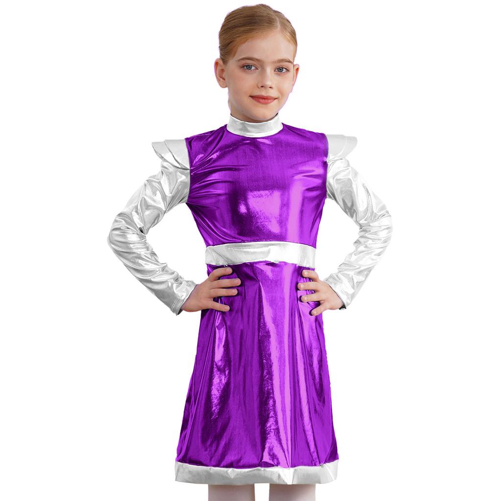 Костюм Космическая Милашка для Девочки: Мерцающее Пэчворк-платье с инопланетным дизайном из ПУ для Хэллоуина и Sci-Fi Ролевых Вечеринок