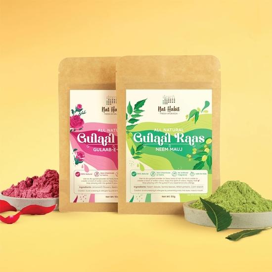 Nat Habit Herbal Gulal Pink & Green Color Combo | Organic Natural Holi Colours | Rose Petals, Neem & Indigo Leaves, Herbal Abir (Pack of 2 X 50g)