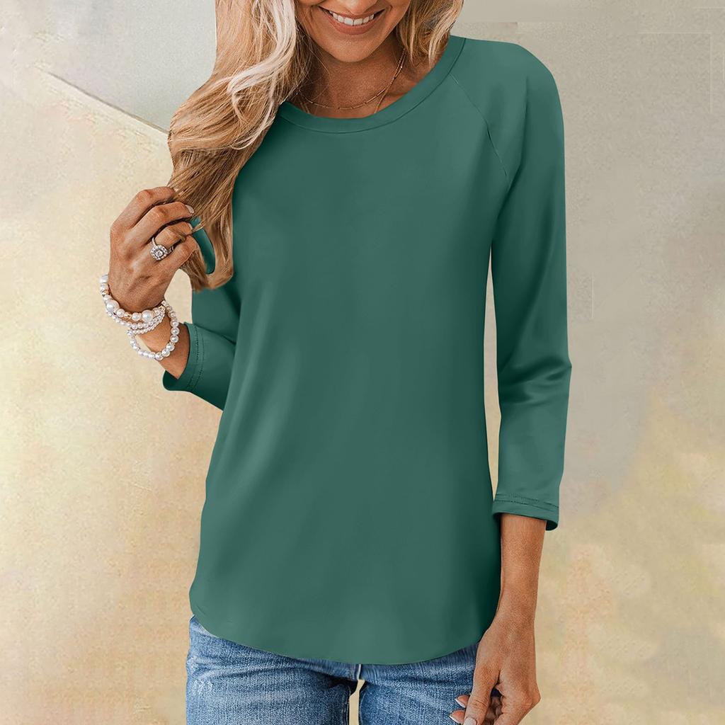 Рубашка для женщин, модная повседневная свободная однотонная футболка с рукавами реглан и круглым вырезом, рукав 3/4, женский топ