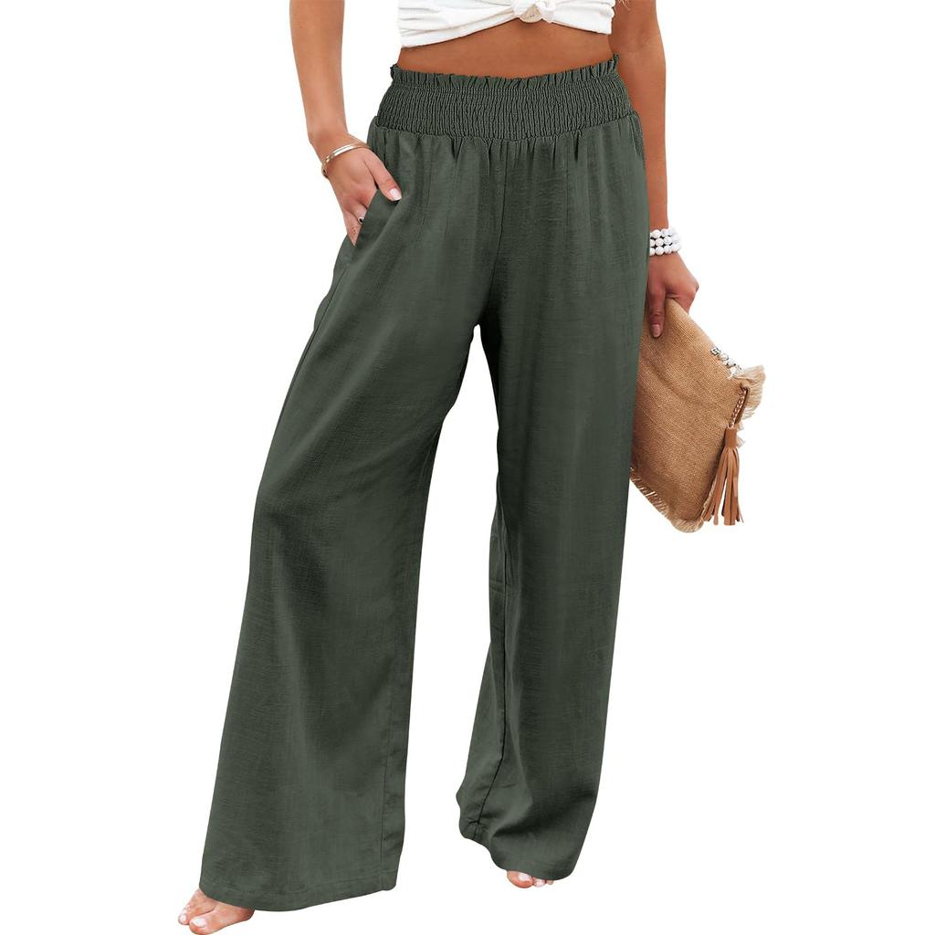 Summer Cotton Linen Wide Leg Pants Women Loose Palazzo Pant Pocket Elastic Waist Casual Pants