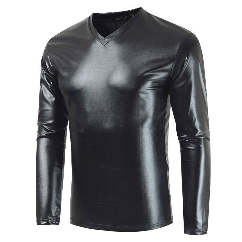 Мужская блестящая однотонная футболка с длинным рукавом и V-образным вырезом