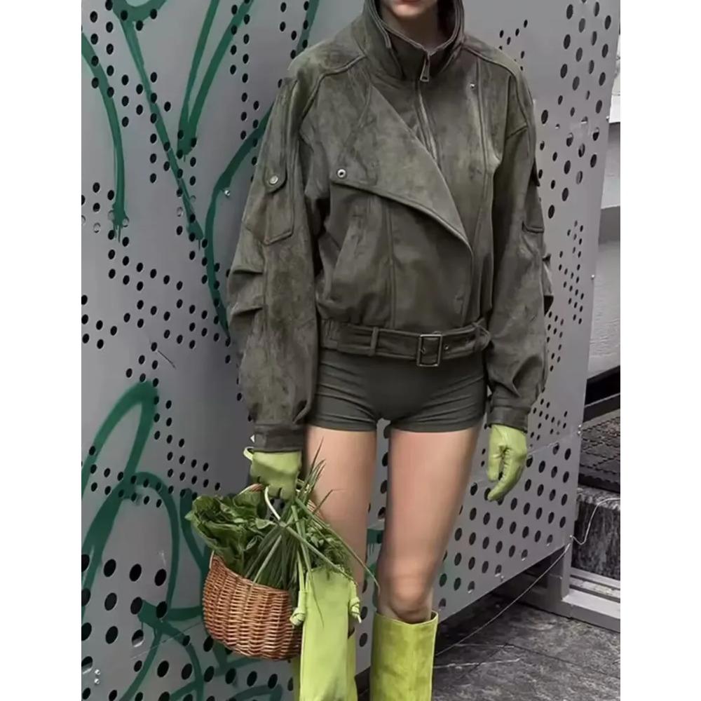 Женские замшевые куртки-пиджаки с поясом, свободные, с лацканами, с длинными рукавами, на молнии, весенние, женские, винтажные, верхняя одежда для улицы