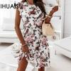 Summer Holiday Style Ruffle Short Sleeve Chiffon Printed Rose Dress