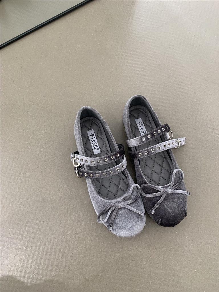 Fashion Flat Shoes for Women 2025 Spring and Autumn New Velvet Bow Mary Jane Round Toe Shallow Mouth Flat Ballet Shoes Single Shoe