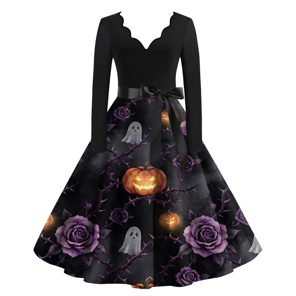 Women's Halloween Printed Long Maxi Dress for Costume Party
