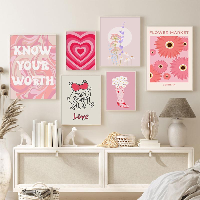 Датская пастельная картина на холсте, красочная настенная живопись в стиле бохо, модный розовый постер, эстетические принты в виде сердца с любовью, фотографии в общежитии, декор комнаты