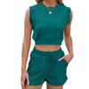 Summer Sleeveless Top Solid Color Crew Neck T-Shirt Drawstring Pocket Shorts Set