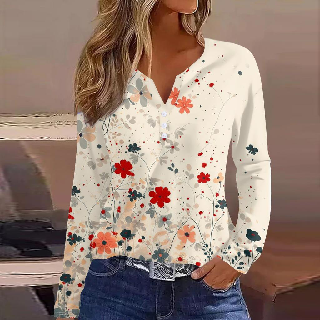 Женская модная повседневная футболка с v-образным вырезом и длинным рукавом с принтом, топ на пуговицах