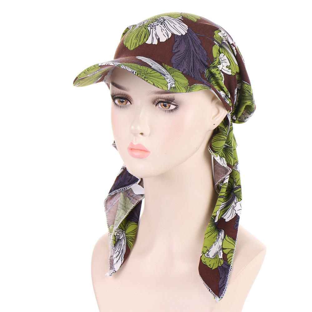 2025 Print Pre-Tied Hat Women Muslim Long Tail Headscarf Hijab Turban Visor Chemo Cap Bonnet Hair Loss Head Wrap Turbante Mujer