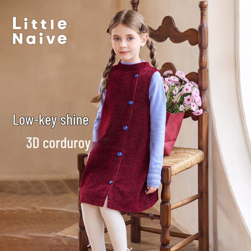 Little Naive Girl's Winter Corduroy Padded Vest Dress with Contrast Buttons