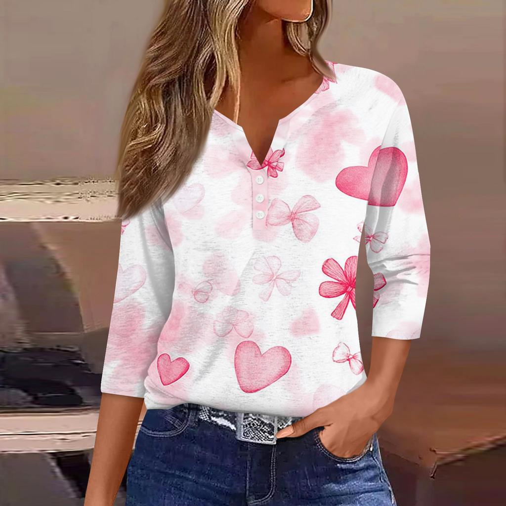 Жен. Футболка Футболка С принтом Пуговицы Рукав 3/4Ежедневно Выходные Мода Классический Топ с v-образным вырезом Обычный