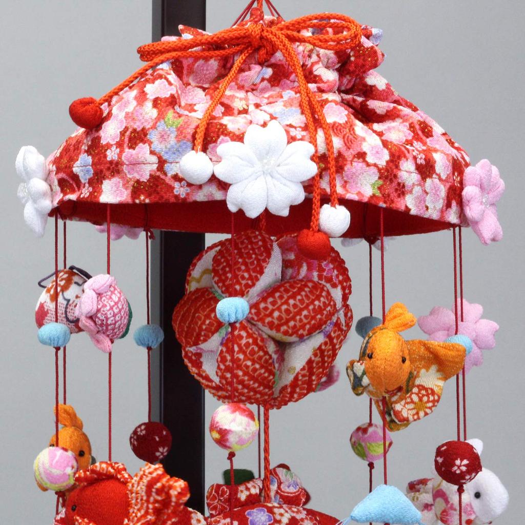 Hanging Hina Goldfish and Cherry Medium Size with Display Stand Doll, Blossoms, (90cm Tall),