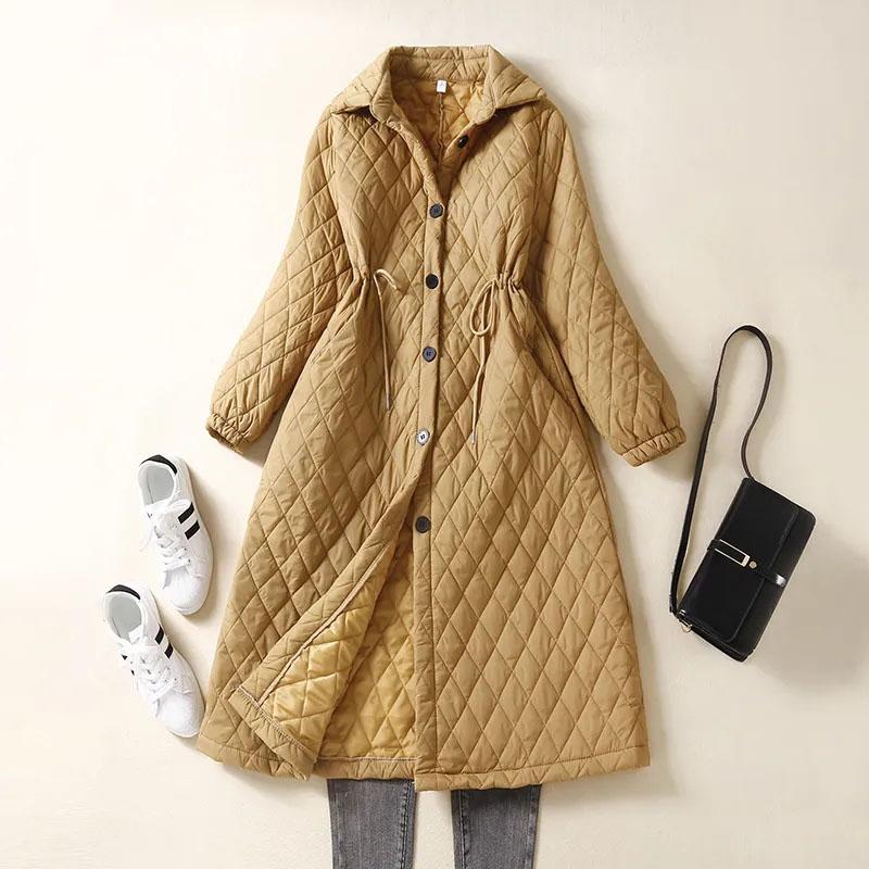 Осенняя и зимняя одежда, большой размер, свободное стеганое хлопковое пальто, длинное, с узкой талией, куртка с ромбовидным узором, универсальное, модное пальто для женщин