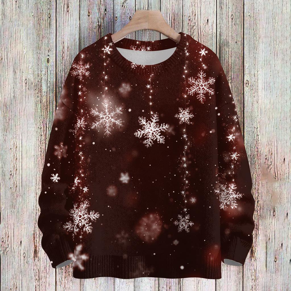 Женский Модный И Повседневный Рождественский Милый Принт Круглый Вырез Длинный Рукав Вязаная Пряжа