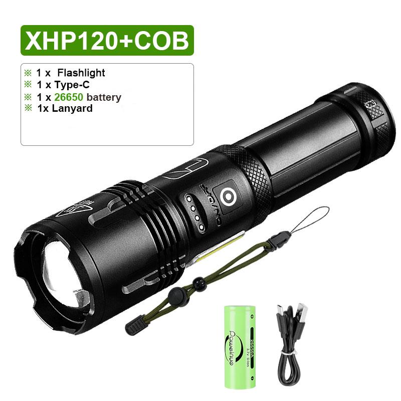 Супер XHP120 Мощный светодиодный фонарик Мощный фонарик Перезаряжаемый фонарик 18650 Usb Лампа для кемпинга