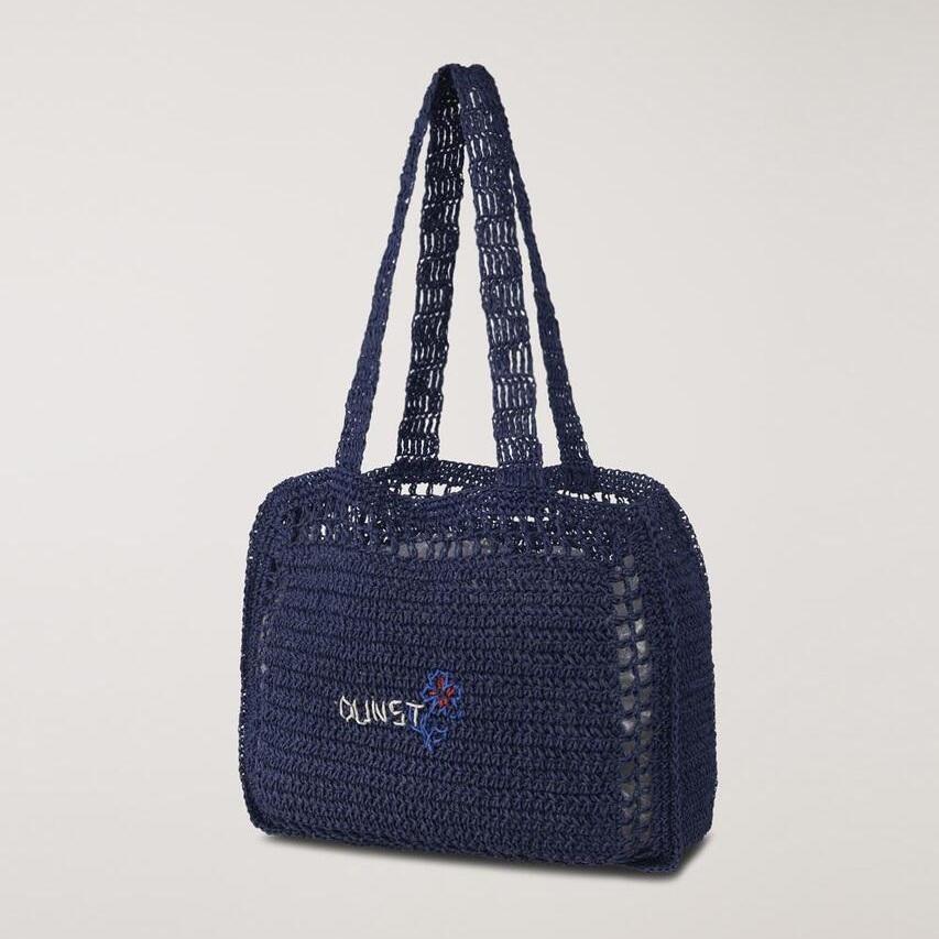 Dunst Hand Drawing Bloom Bag — Handmade Paper Yarn Shopper with Floral Embroidery | Korean Designer Brand | 2 Colours: Navy / Natural Cream